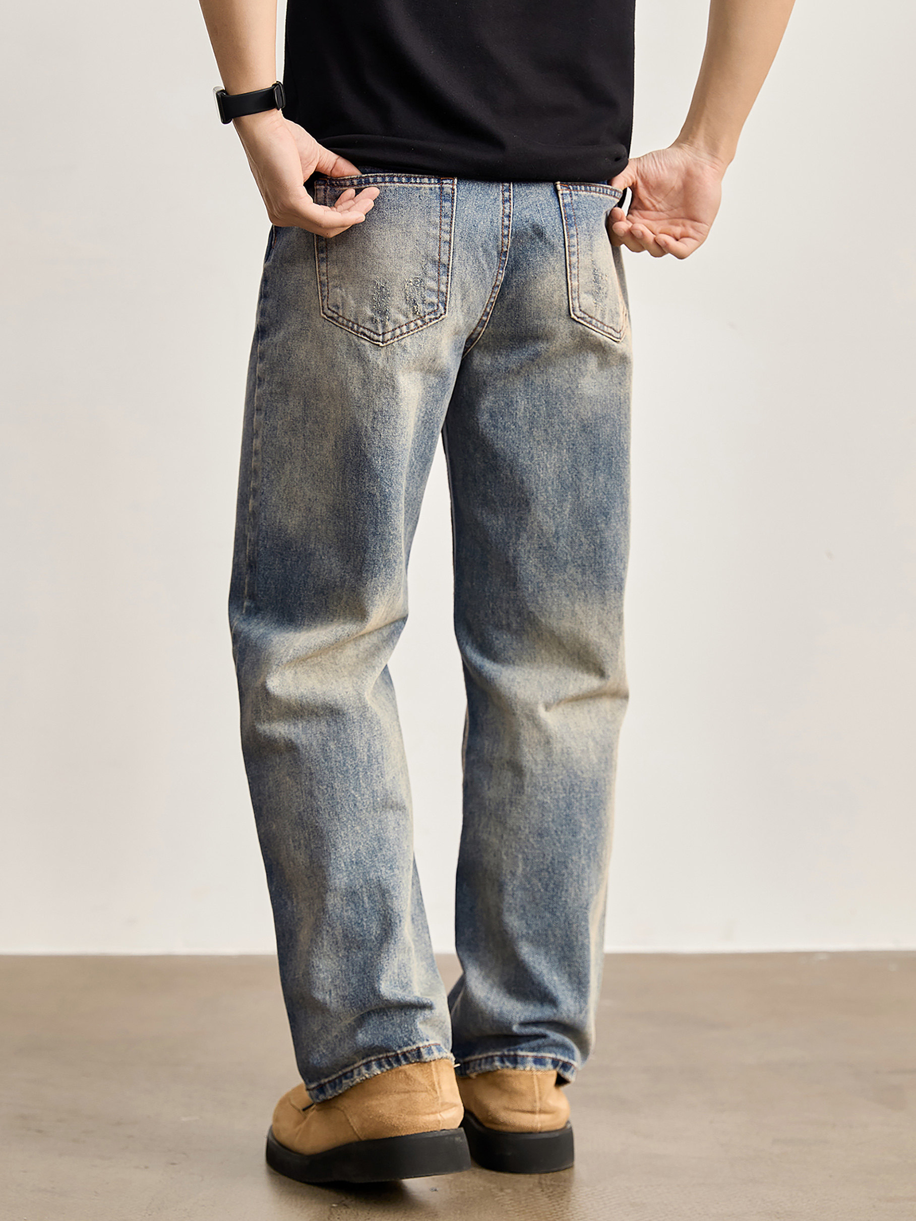 做舊水洗磨白貓須刮破牛仔褲男直筒微錐版型cleanfit長褲子