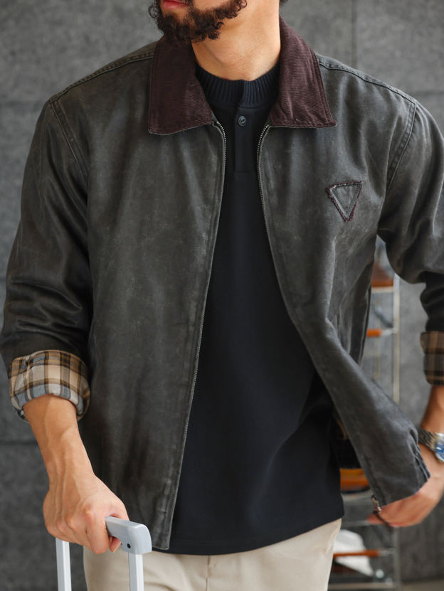 【磨毛質感】水洗油蠟皮紋理撞色翻領夾克男商務休閒外套