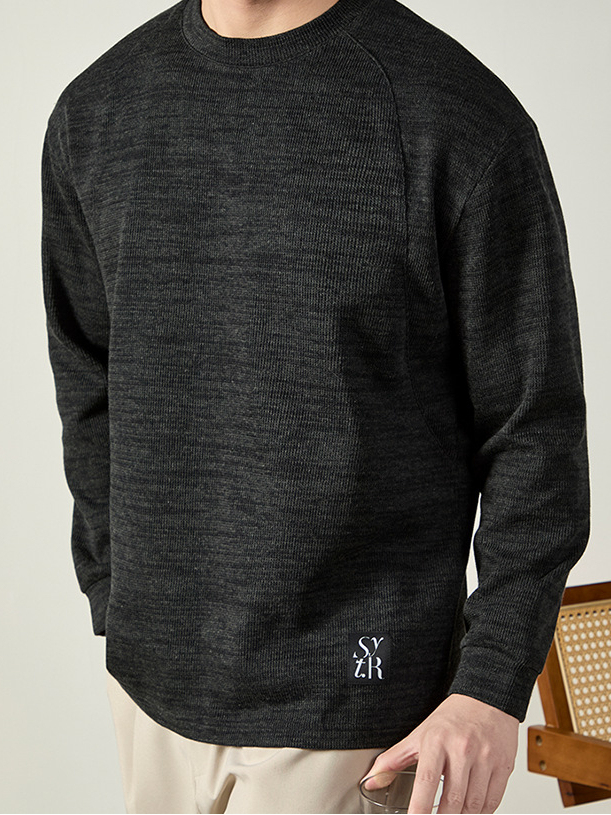 鬆弛感| 350G重磅麻花棉寬鬆長袖T恤男春秋時尚車標落肩衛衣