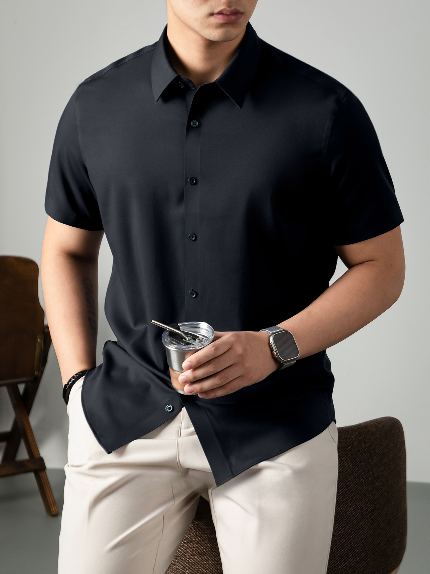 蘭精莫代爾涼感短袖襯衫男夏季免燙抗皺純色高端無痕商務襯衣