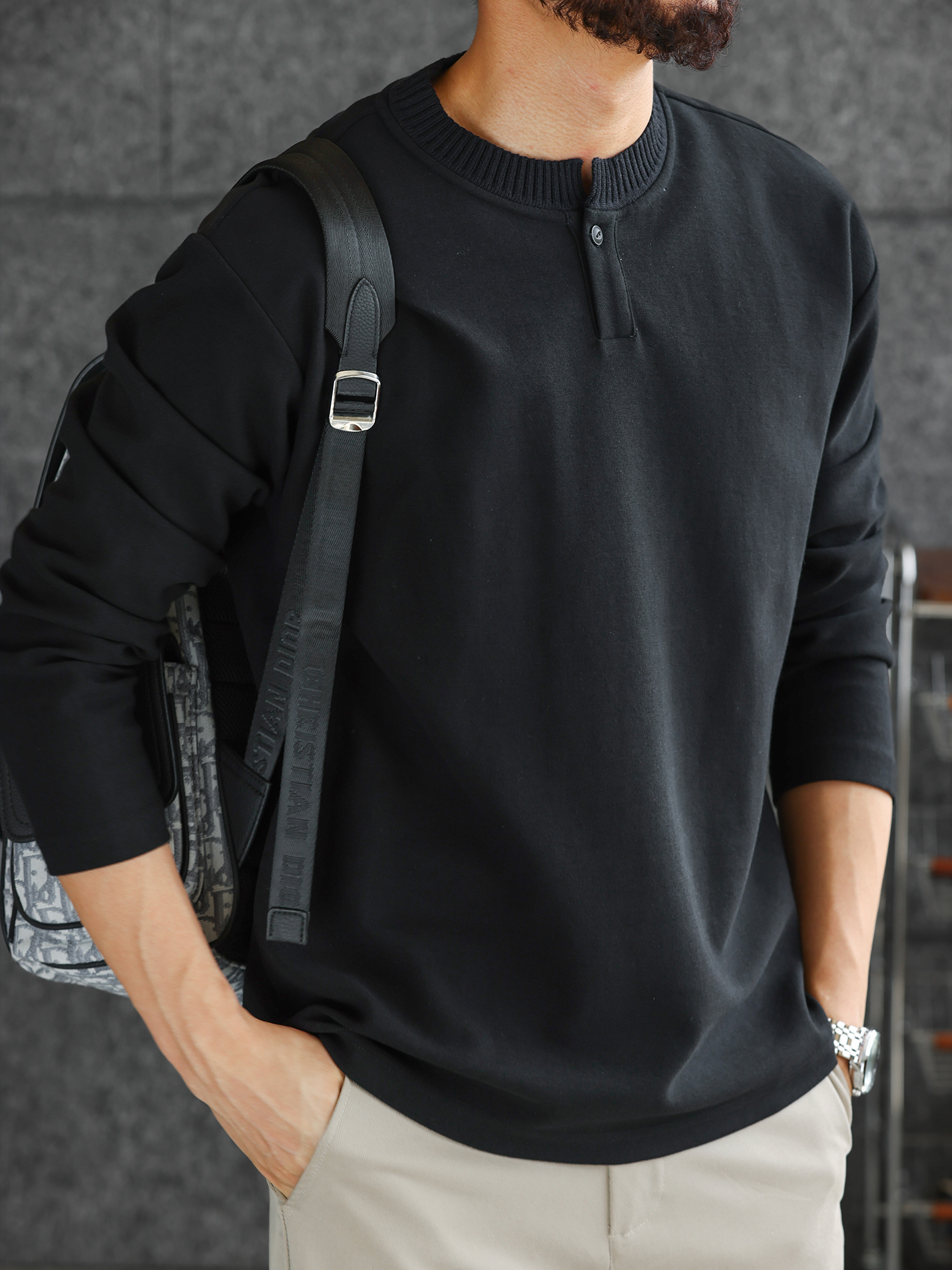 【紳士型格】針織亨利領緞紋肌理長袖T恤男士休閒打底衫