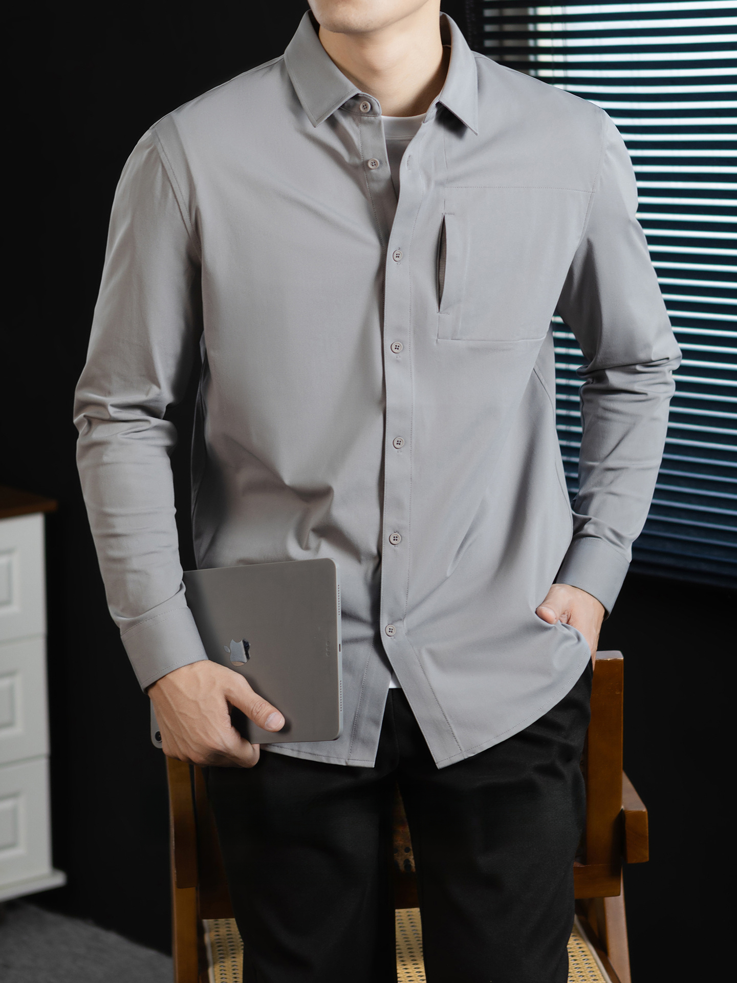 【都市通勤】米通格肌理高彈抗皺長袖襯衫男輕商務襯衣速幹春秋季