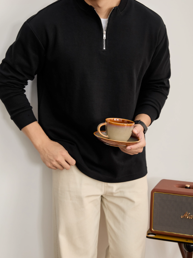 簡約百搭半拉鍊立領白T恤衫男士立體編織肌理感長袖針織衛衣