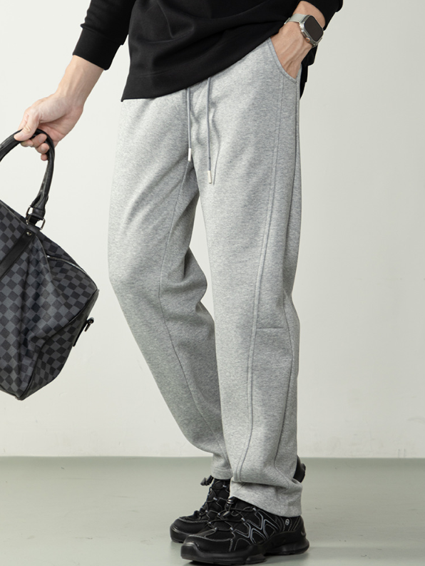 【綿柔空氣層】明線拼接設計微闊休閒褲男鬆緊腰垂感純色運動長褲