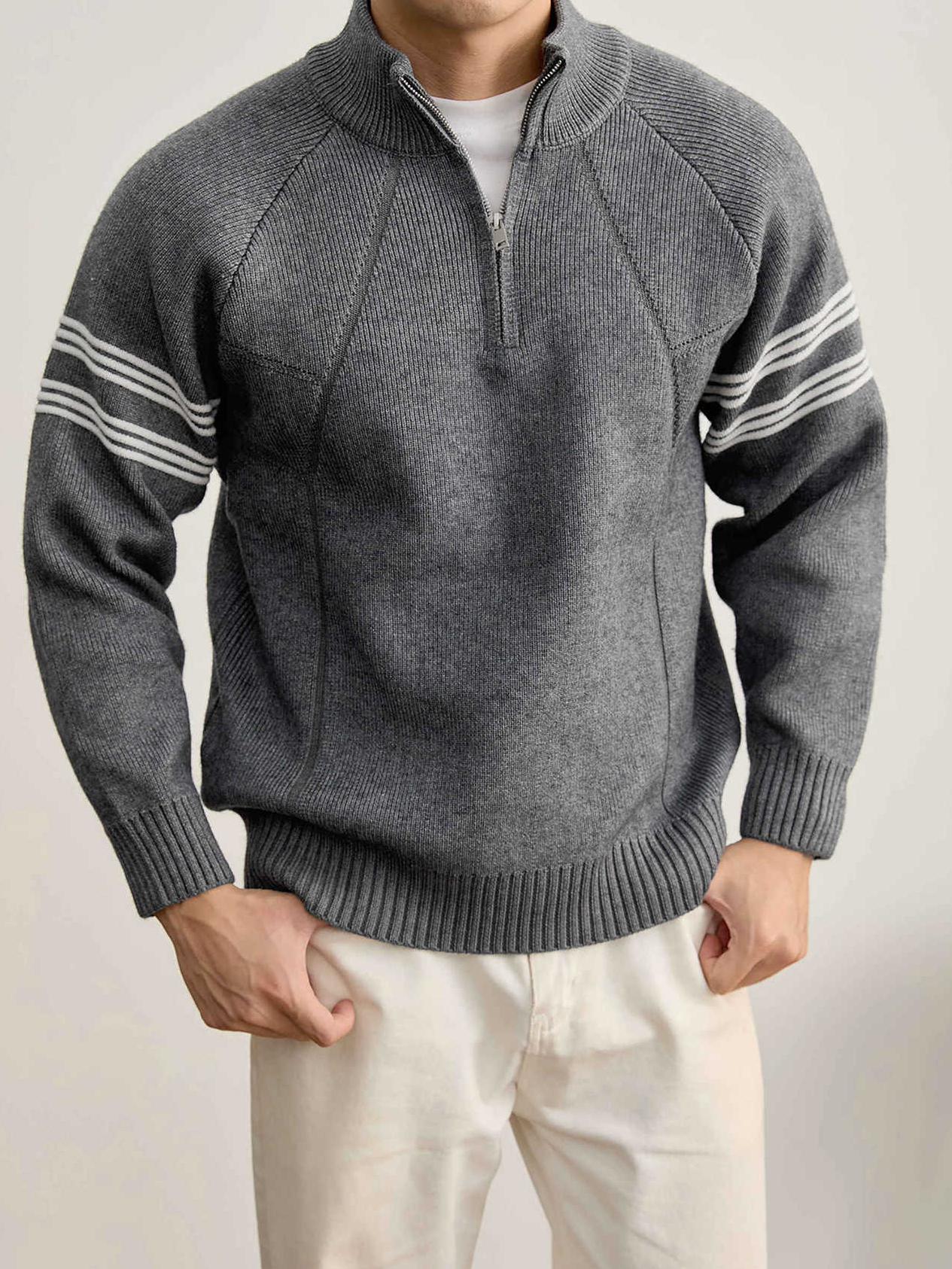 重磅830克半拉鍊立領長袖毛衣男冬裝紗線紋理休閒保暖針織衫