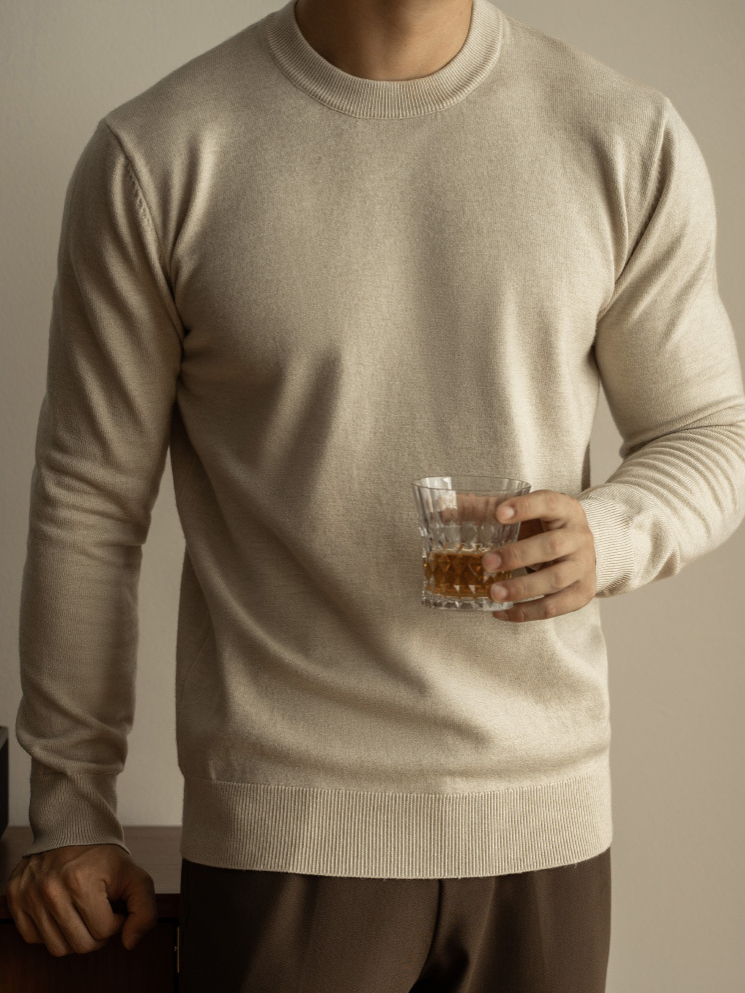 天絲羊毛純色針織衫秋冬新款圓領長袖毛衣男保暖內搭打底衫