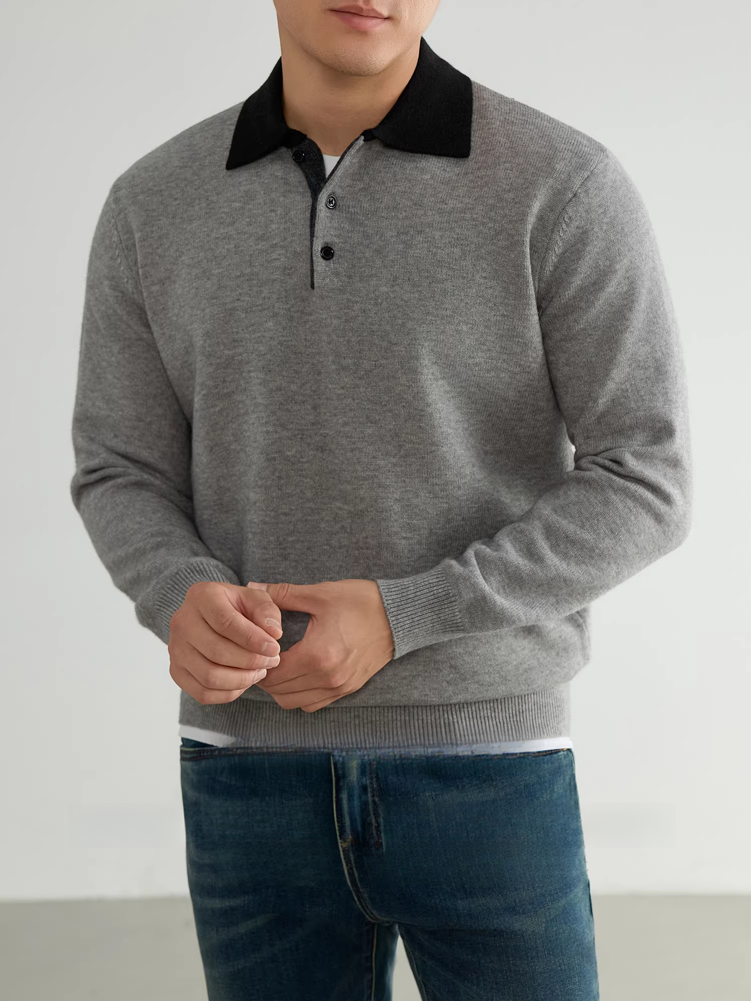 【抗起球】美式翻領撞色商務休閒毛衣男士通勤長袖針織衫