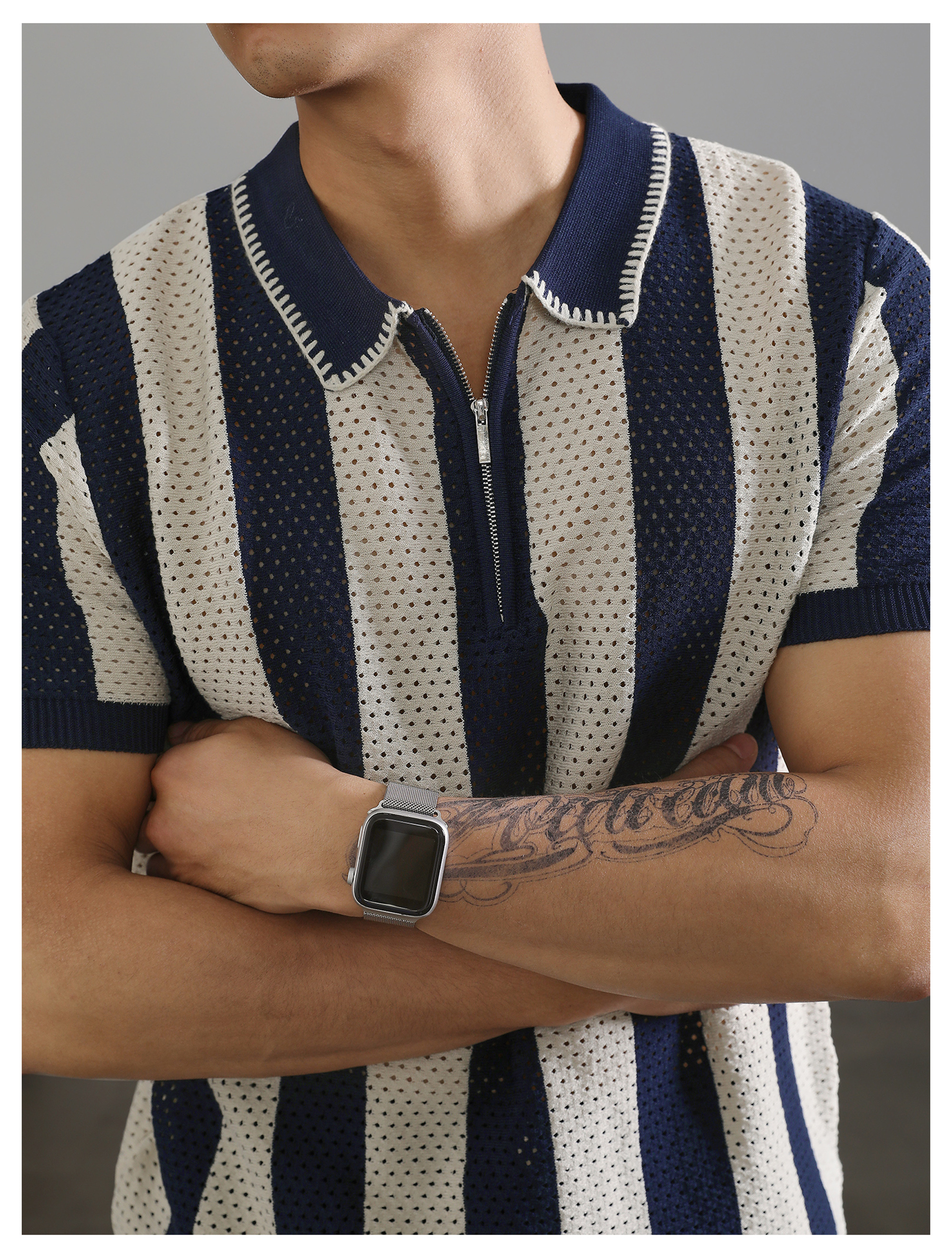 半拉鍊翻領polo衫短袖男士復古鏤空針織衫高級感潮牌保羅衫