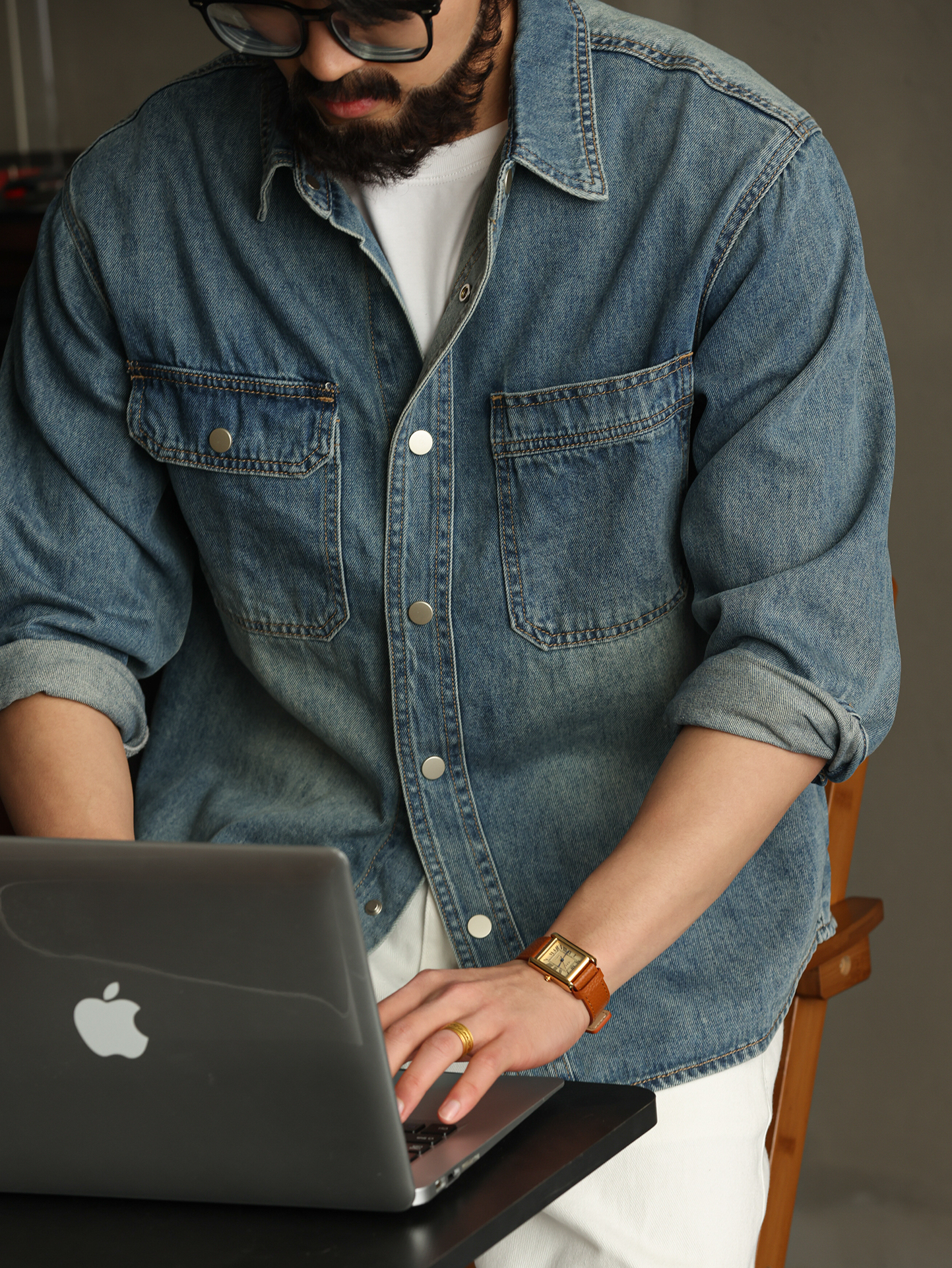 【智性通勤】天丝莱赛尔长袖牛仔衬衫男口袋衬衣秋季外套