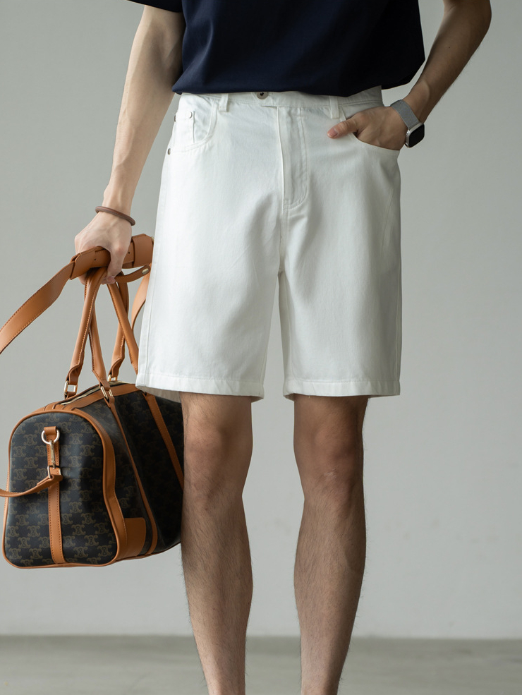 萊賽爾天絲棉斜紋肌理直筒五分褲男士2025夏休閒運動白色新款短褲
