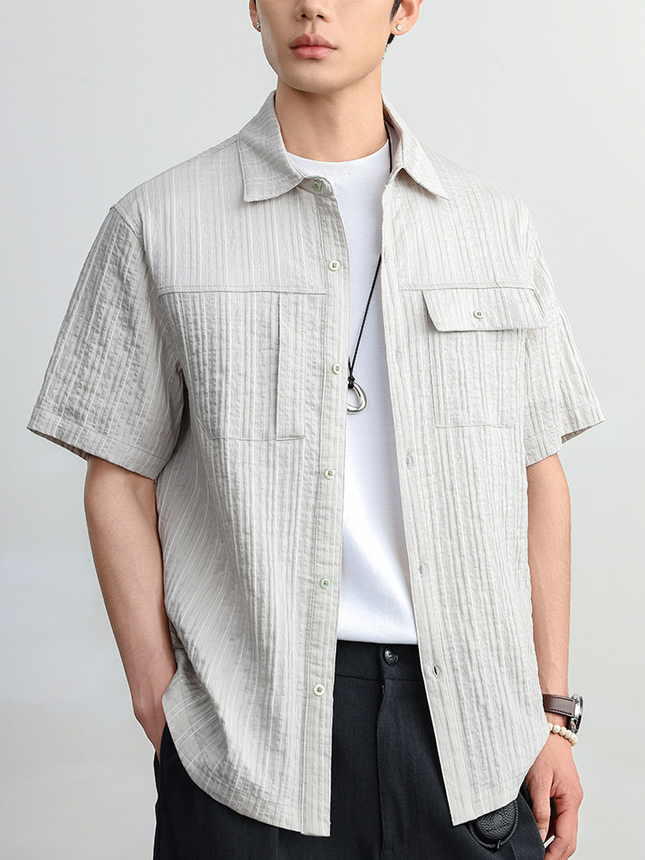 條紋襯衫男夏輕薄款高級感痞帥休閒泡泡紗老錢風休閒冰絲短袖襯衣