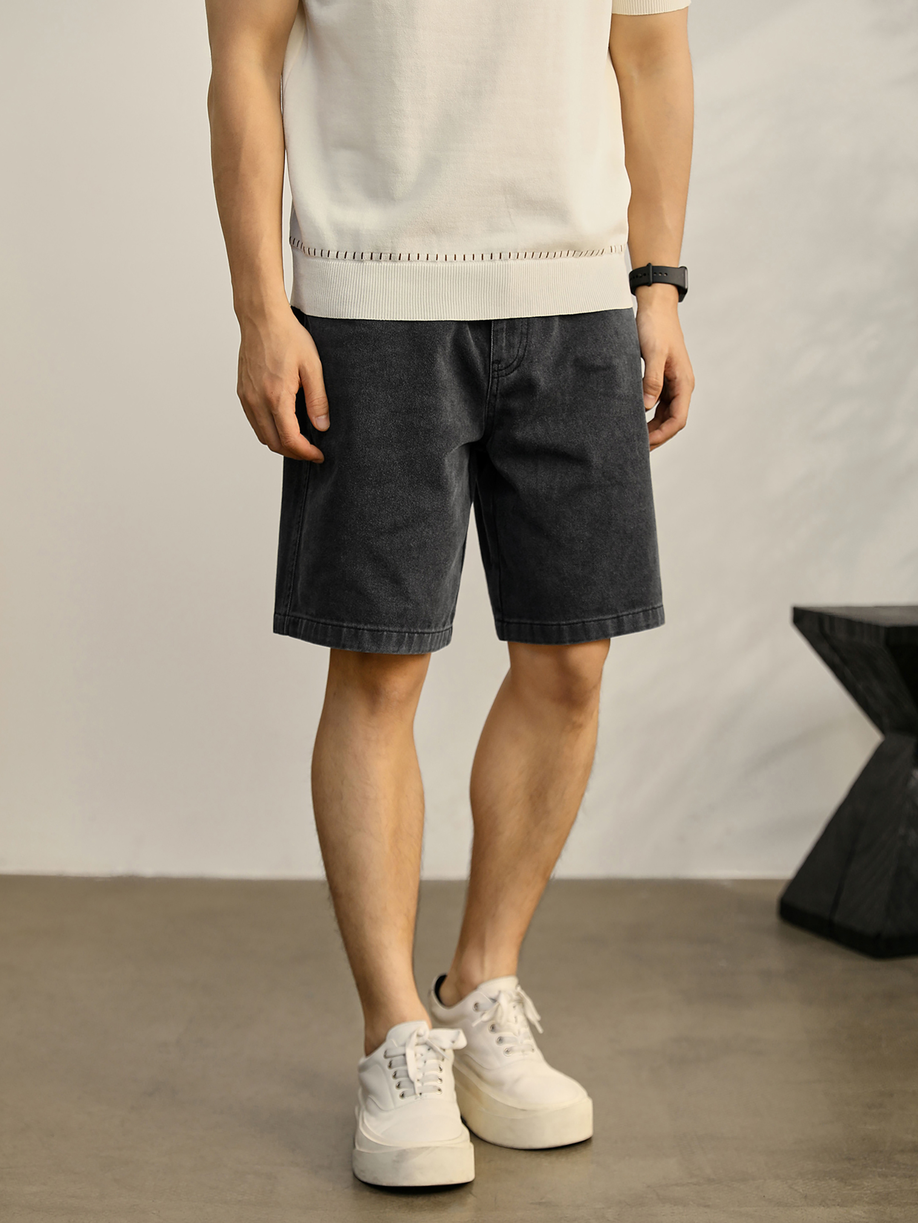 復古水洗純色直筒牛仔短褲男夏季舒適純棉時尚潮流工裝中褲