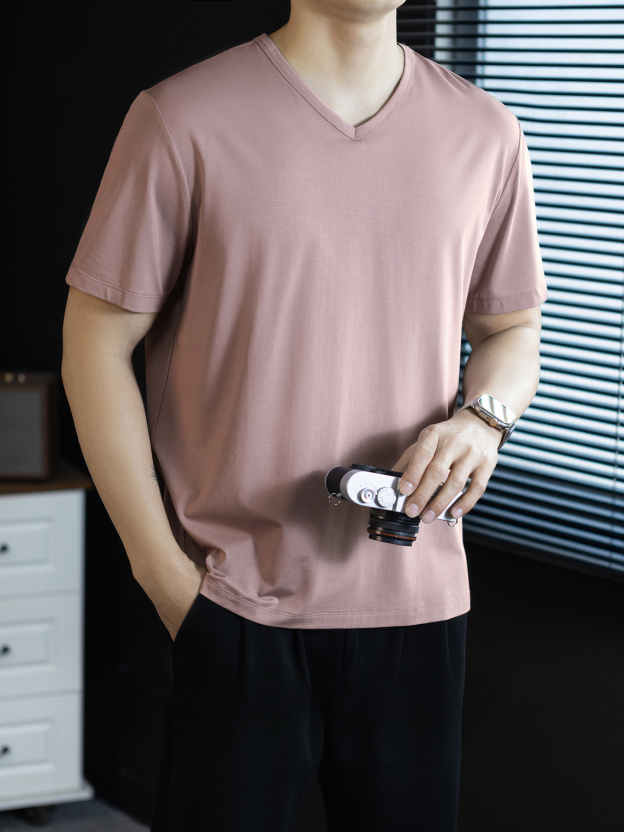 冰絲莫代爾雲感棉V領短袖T恤男士夏季2026休閒涼感純色薄款體恤衫