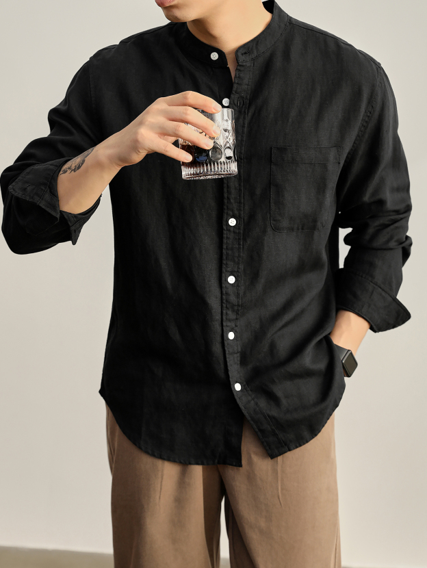 輕奢沉穩老錢口袋款襯衣天絲亞麻休閒長袖復古中式立領襯衫