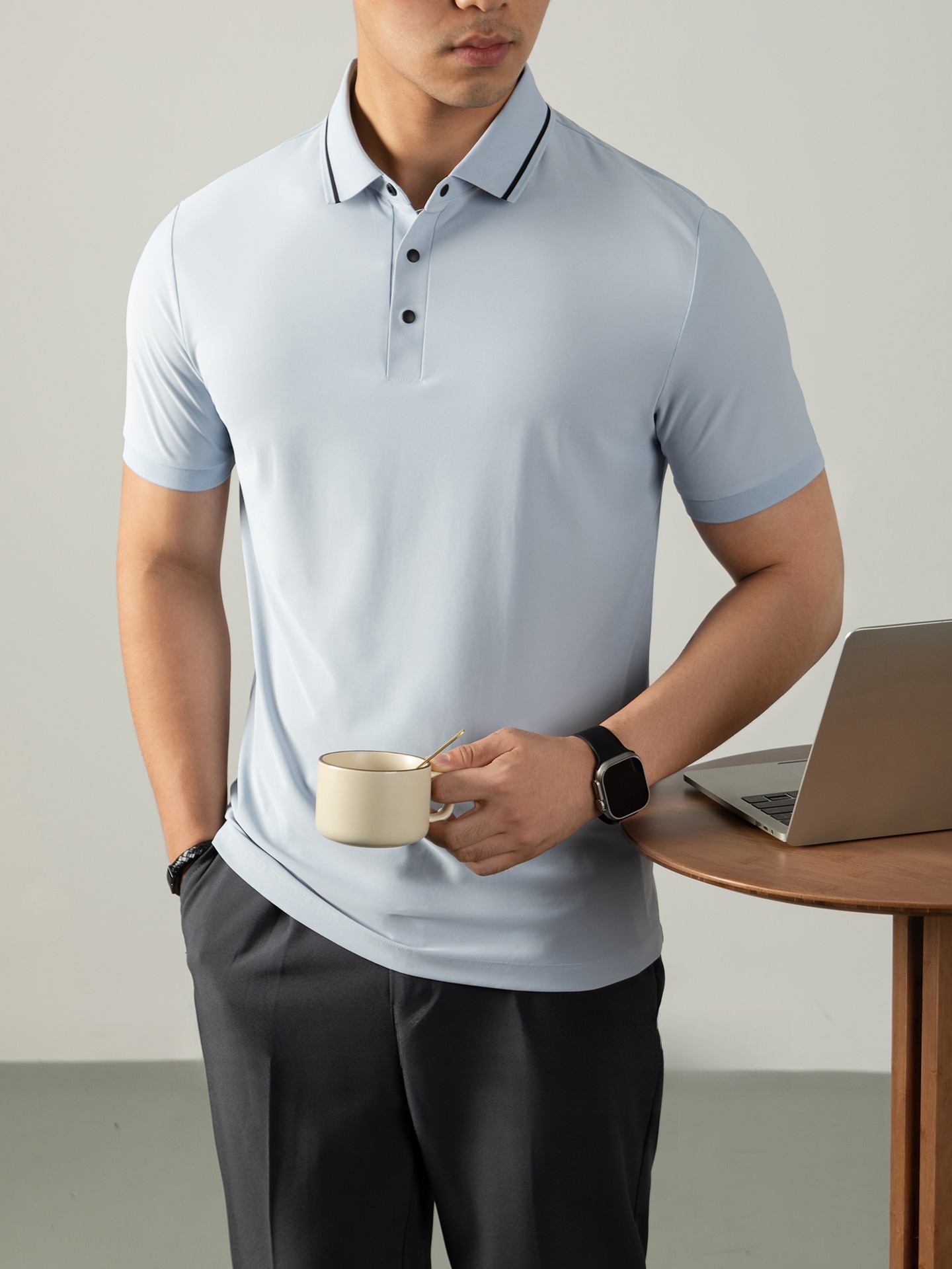 液氨珠地輕商務男POLO衫短袖夏季涼感高級四合扣撞色翻領休閒免燙