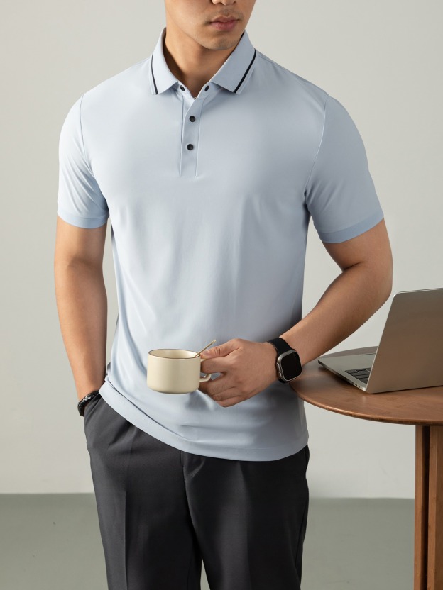 液氨珠地輕商務男POLO衫短袖夏季涼感高級四合扣撞色翻領休閒免燙