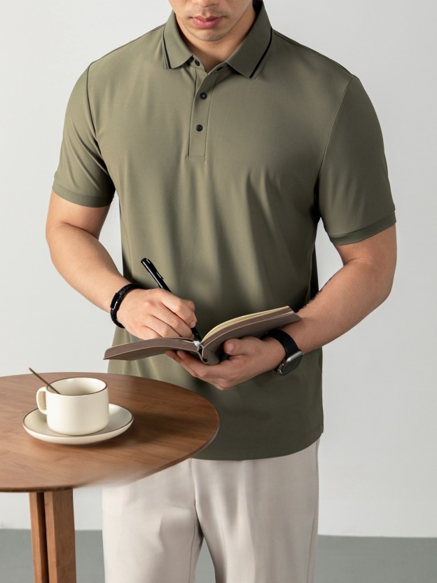 液氨珠地輕商務男POLO衫短袖夏季涼感高級四合扣撞色翻領休閒免燙