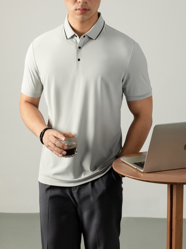 液氨珠地輕商務男POLO衫短袖夏季涼感高級四合扣撞色翻領休閒免燙