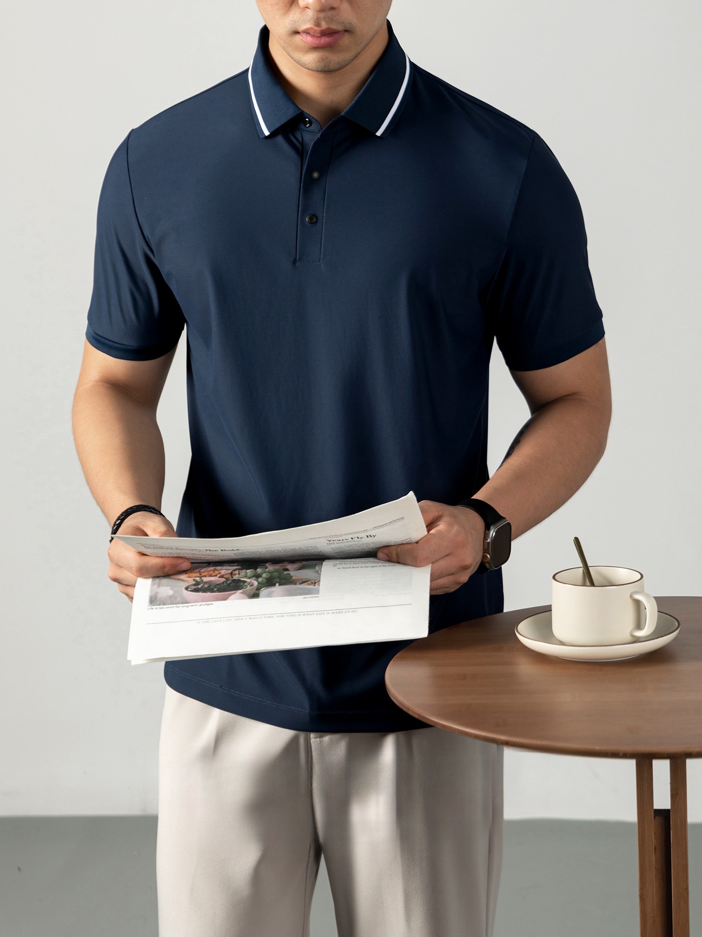 液氨珠地輕商務男POLO衫短袖夏季涼感高級四合扣撞色翻領休閒免燙