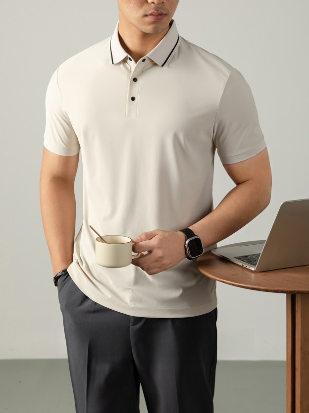 液氨珠地輕商務男POLO衫短袖夏季涼感高級四合扣撞色翻領休閒免燙