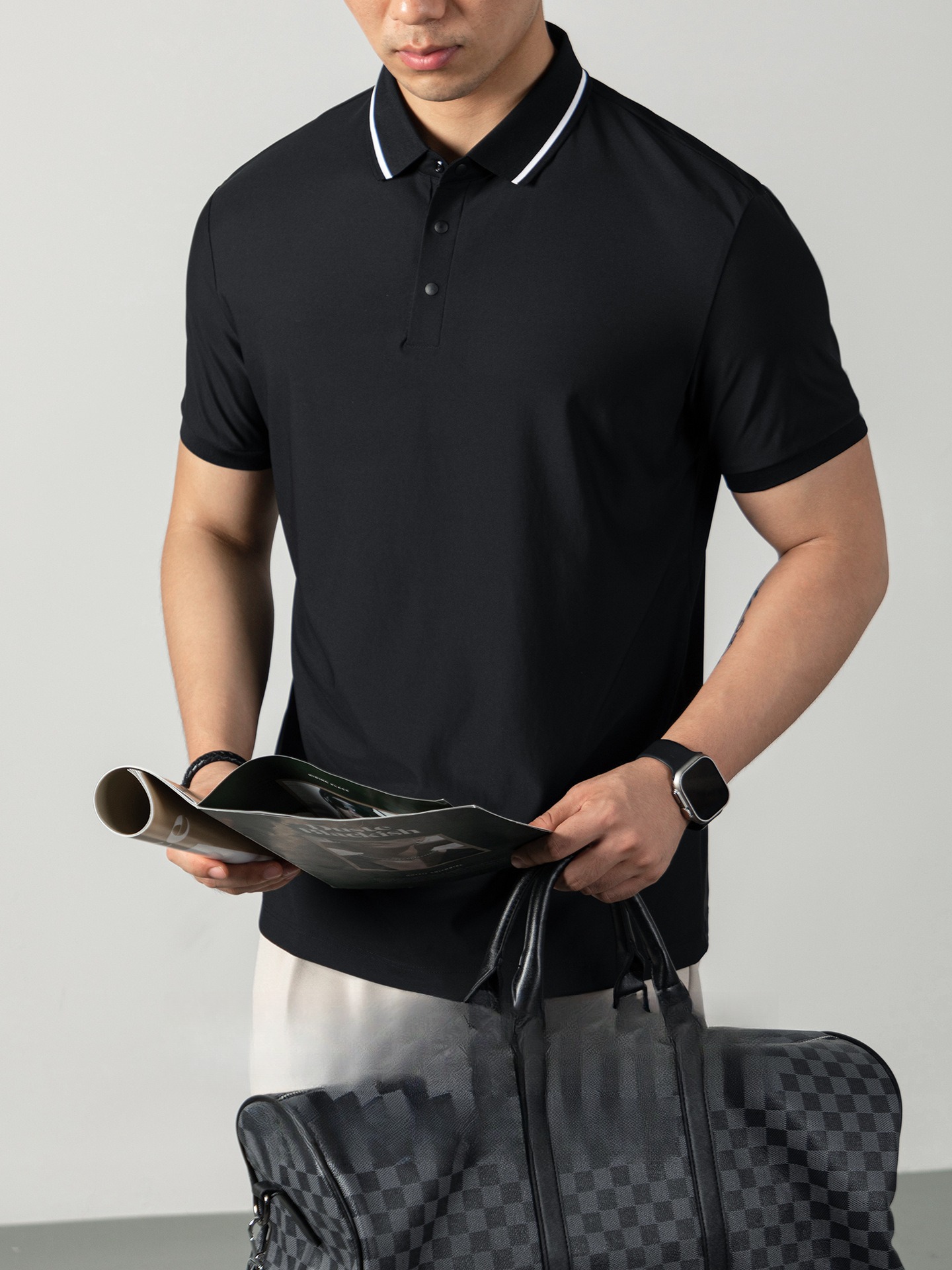 液氨珠地輕商務男POLO衫短袖夏季涼感高級四合扣撞色翻領休閒免燙