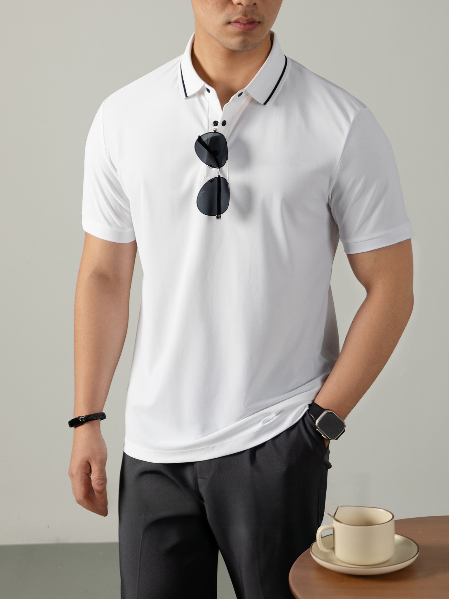 液氨珠地輕商務男POLO衫短袖夏季涼感高級四合扣撞色翻領休閒免燙