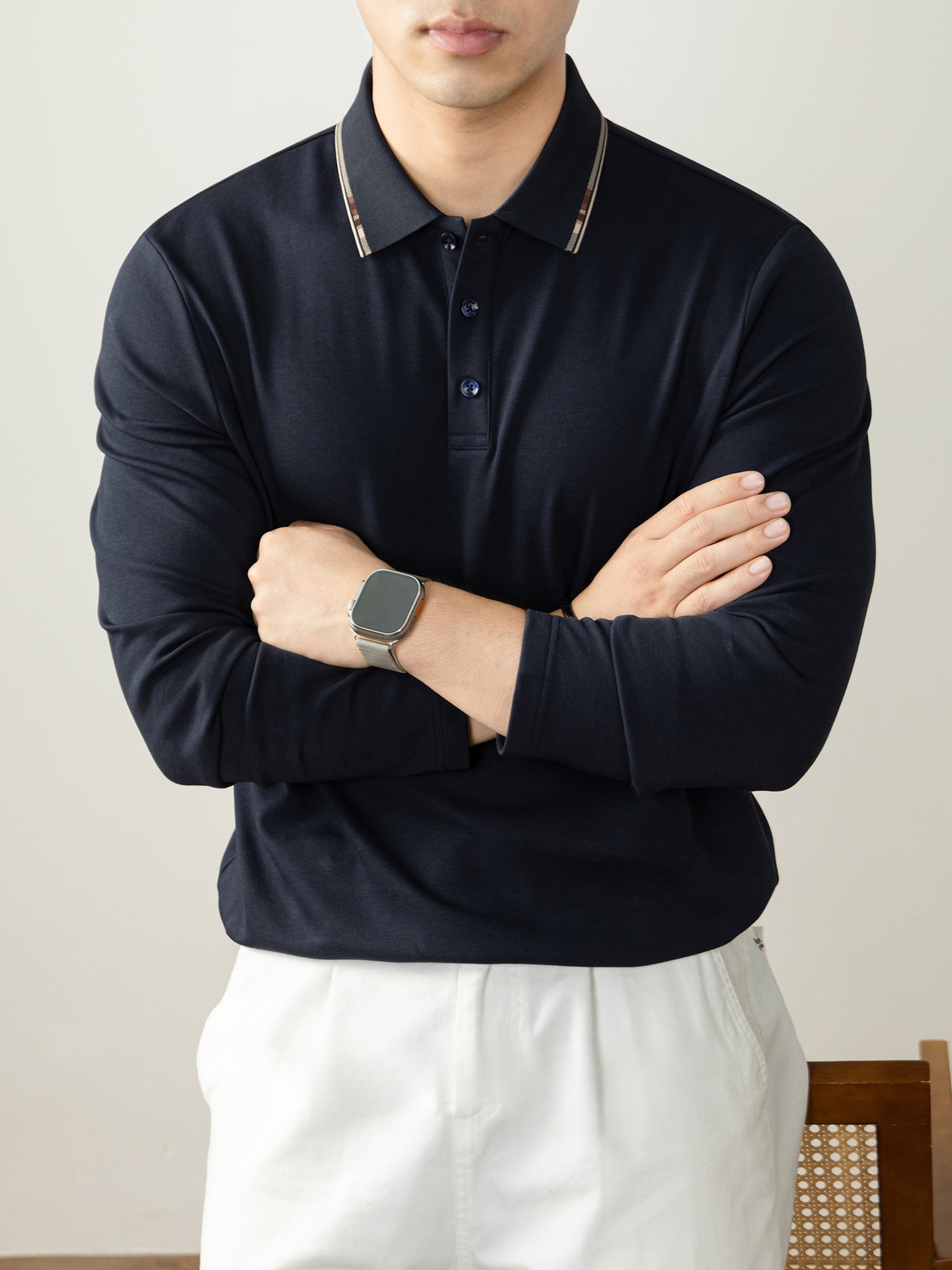 【天然桑蠶絲】 高端商務撞色抓絨保暖長袖POLO衫男士舒適秋冬款