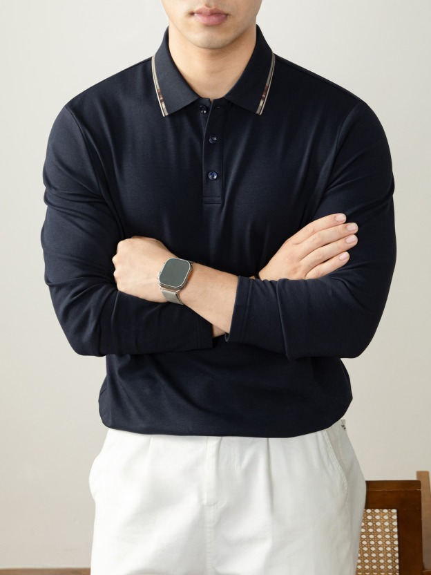 【天然桑蠶絲】 高端商務撞色抓絨保暖長袖POLO衫男士舒適秋冬款