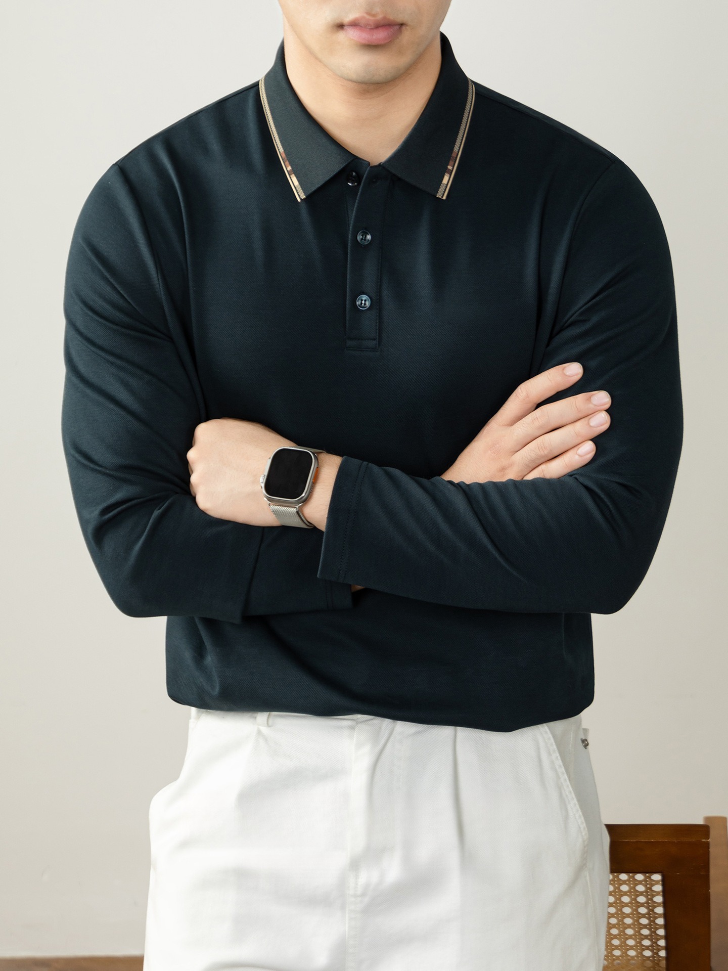 【天然桑蠶絲】 高端商務撞色抓絨保暖長袖POLO衫男士舒適秋冬款