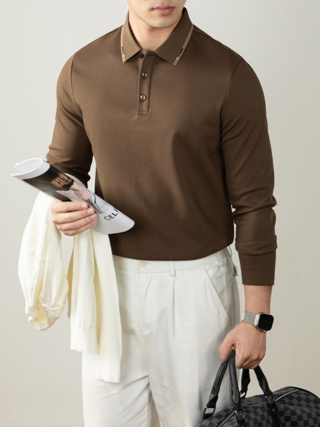 【天然桑蠶絲】 高端商務撞色抓絨保暖長袖POLO衫男士舒適秋冬款