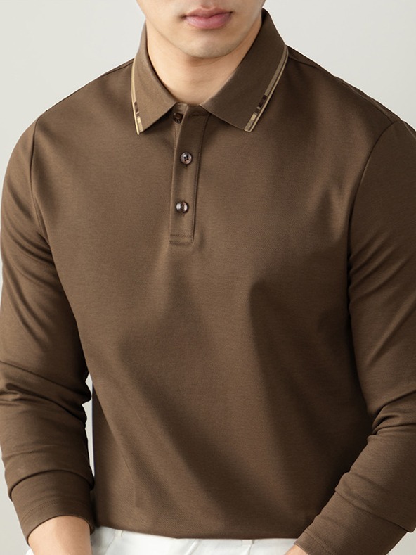 【天然桑蠶絲】 高端商務撞色抓絨保暖長袖POLO衫男士舒適秋冬款