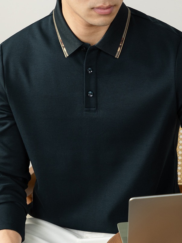 【天然桑蠶絲】 高端商務撞色抓絨保暖長袖POLO衫男士舒適秋冬款