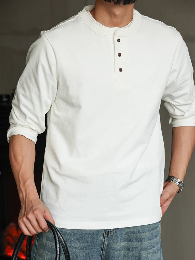 【CBD精英】純棉重磅320g美式亨利領長袖t恤男排扣秋季休閒打底衫