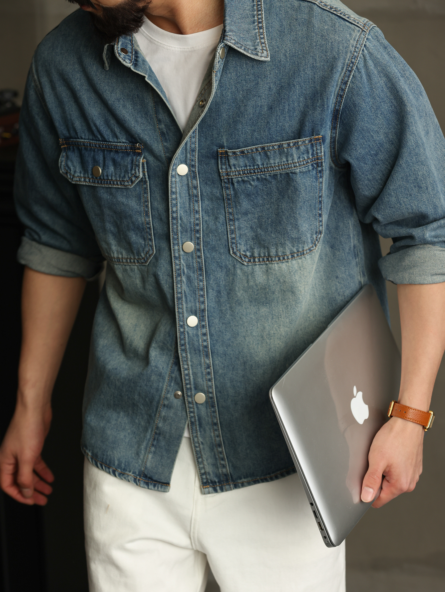 【智性通勤】天丝莱赛尔长袖牛仔衬衫男口袋衬衣秋季外套