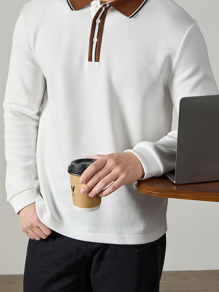 【隱奢格調】雙面珠地棉撞色紐扣長袖POLO衫男士高端商務親肌透氣