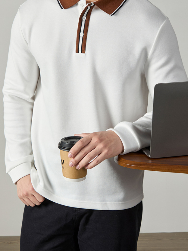 【隱奢格調】雙面珠地棉撞色紐扣長袖POLO衫男士高端商務親肌透氣