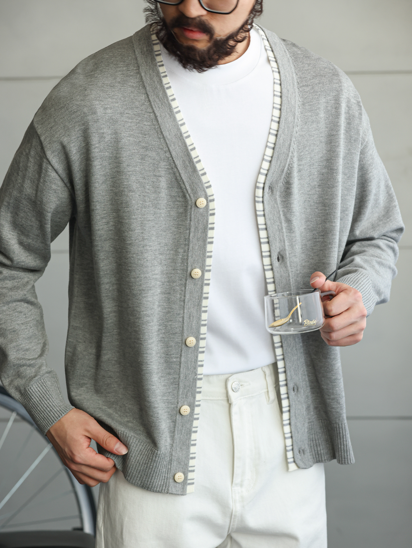 高密28針織帶拼接針織開衫男商務休閒修身長袖V領薄外套