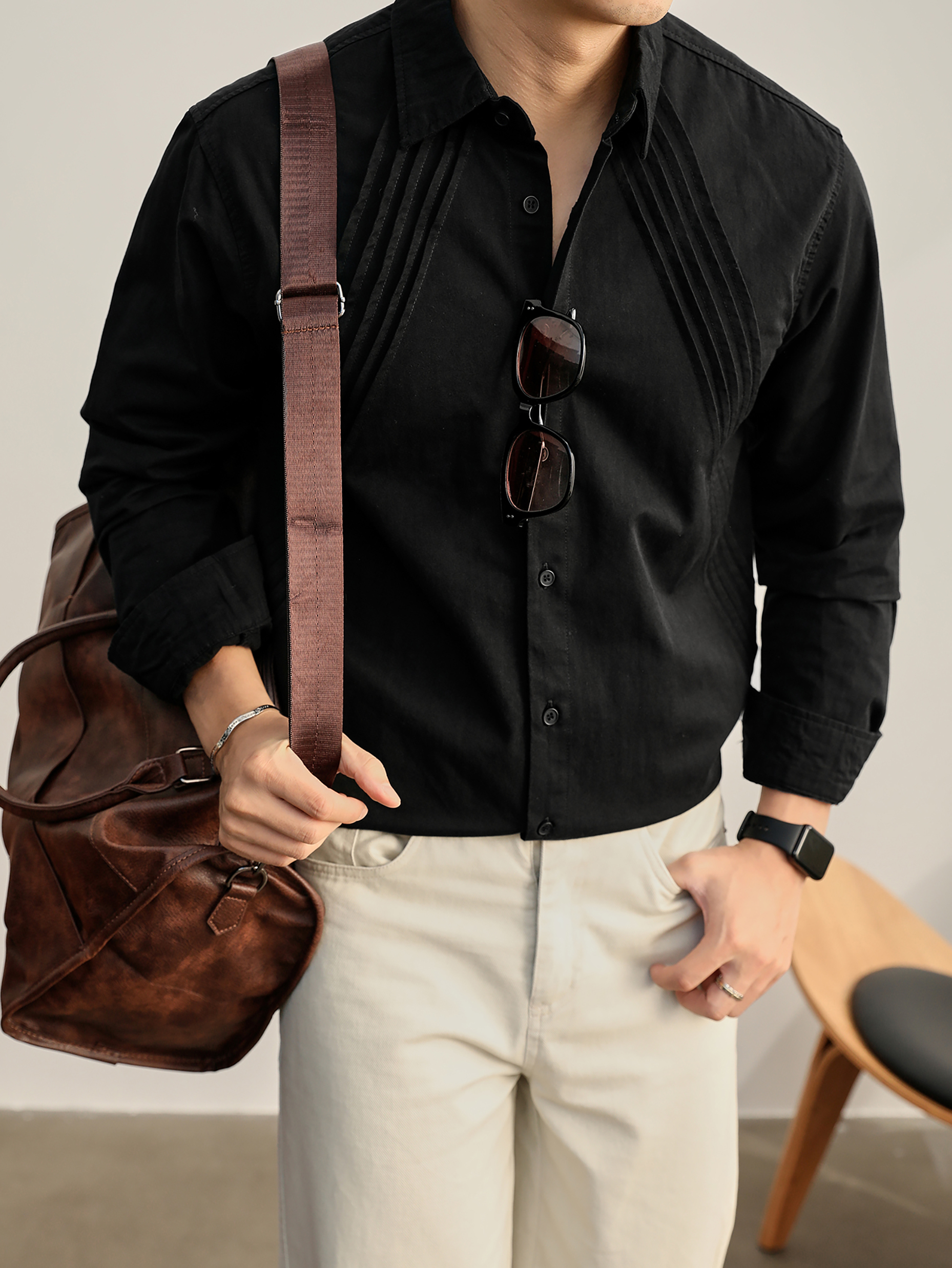 純色個性壓褶長袖襯衫100%純棉水洗挺括外穿百搭慵懶風襯衣