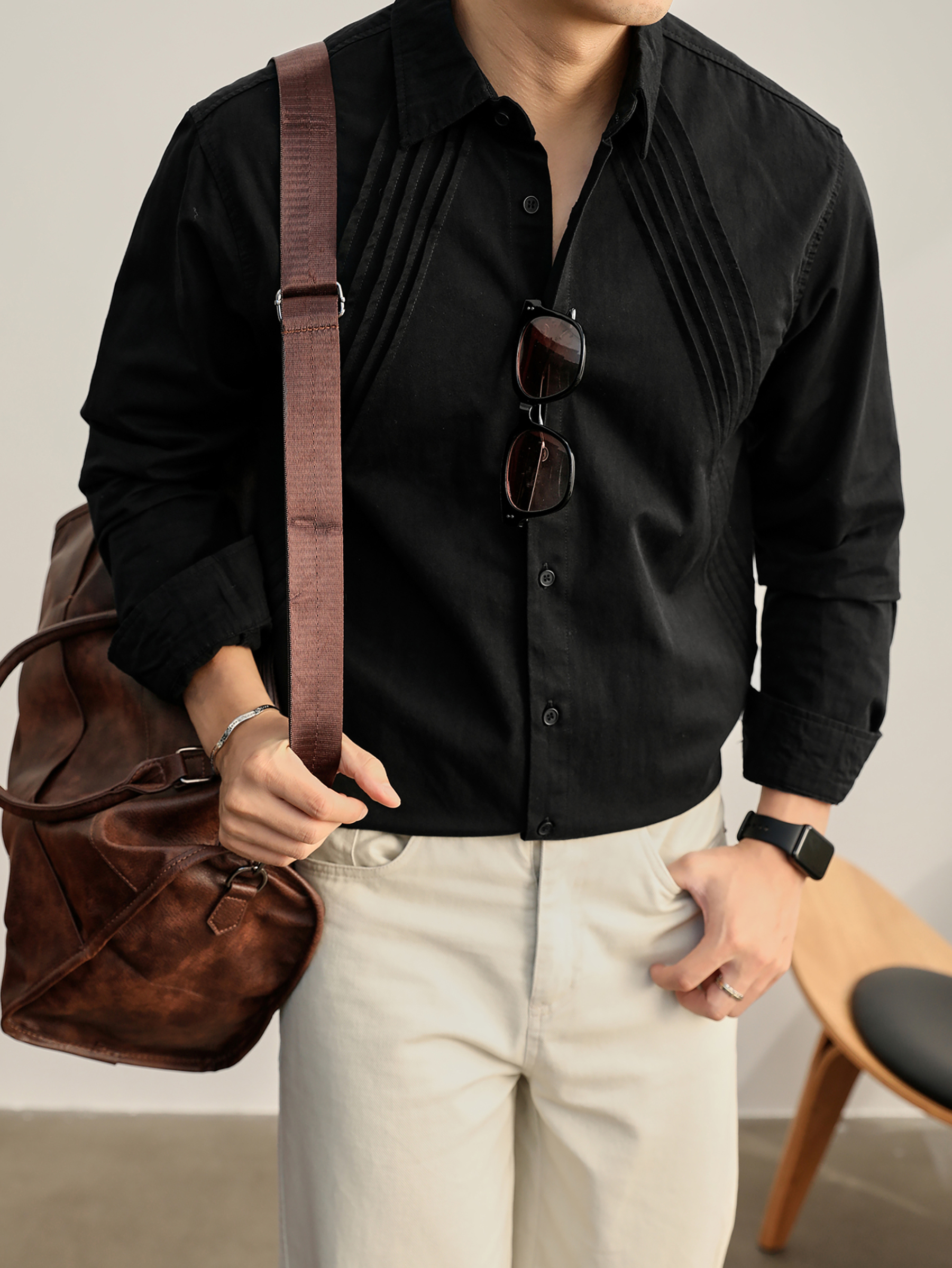 純色個性壓褶長袖襯衫100%純棉水洗挺括外穿百搭慵懶風襯衣