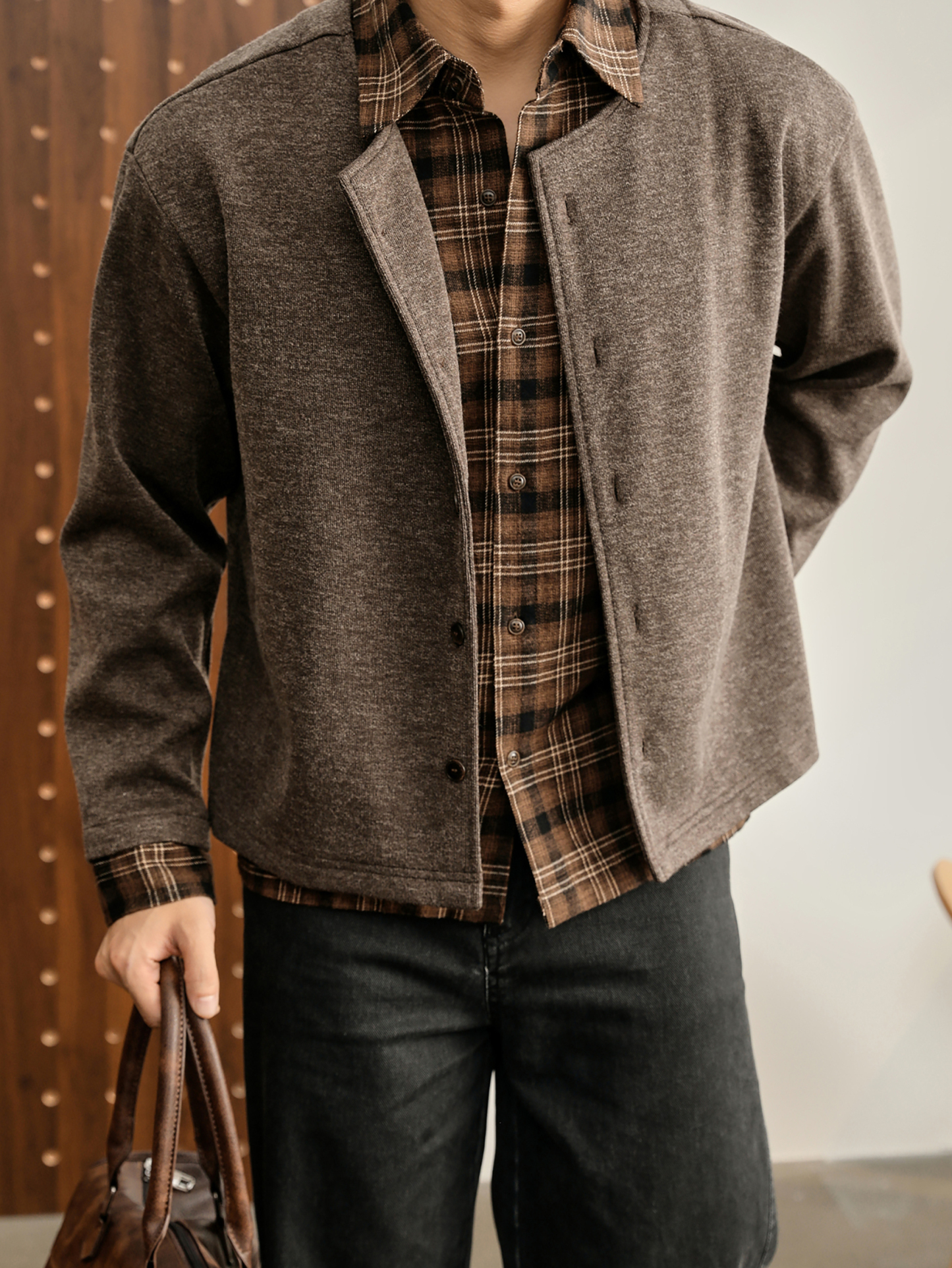 巴恩風假兩件格紋翻領針織外套開衫男100%純棉拼接雙領襯衫