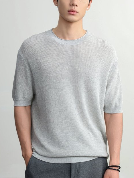 【萊賽爾亞麻】男士夏季寬鬆美式復古純色簡約通勤老錢針織短袖T恤