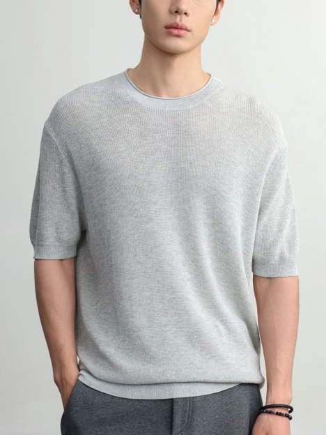 【萊賽爾亞麻】男士夏季寬鬆美式復古純色簡約通勤老錢針織短袖T恤