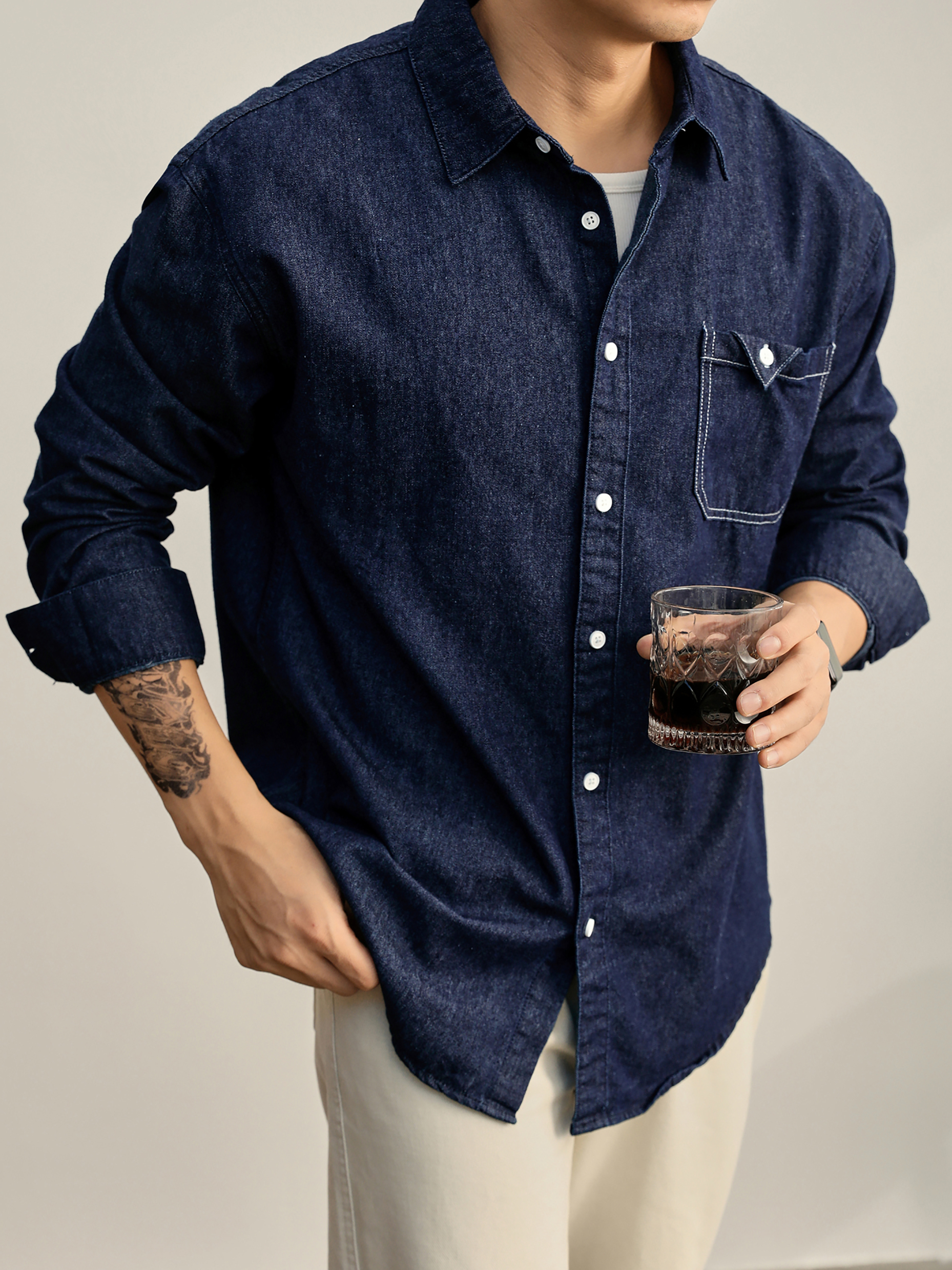 美式復古輯明線貼布口袋牛仔長袖襯衫男秋季水洗棉襯衣外套