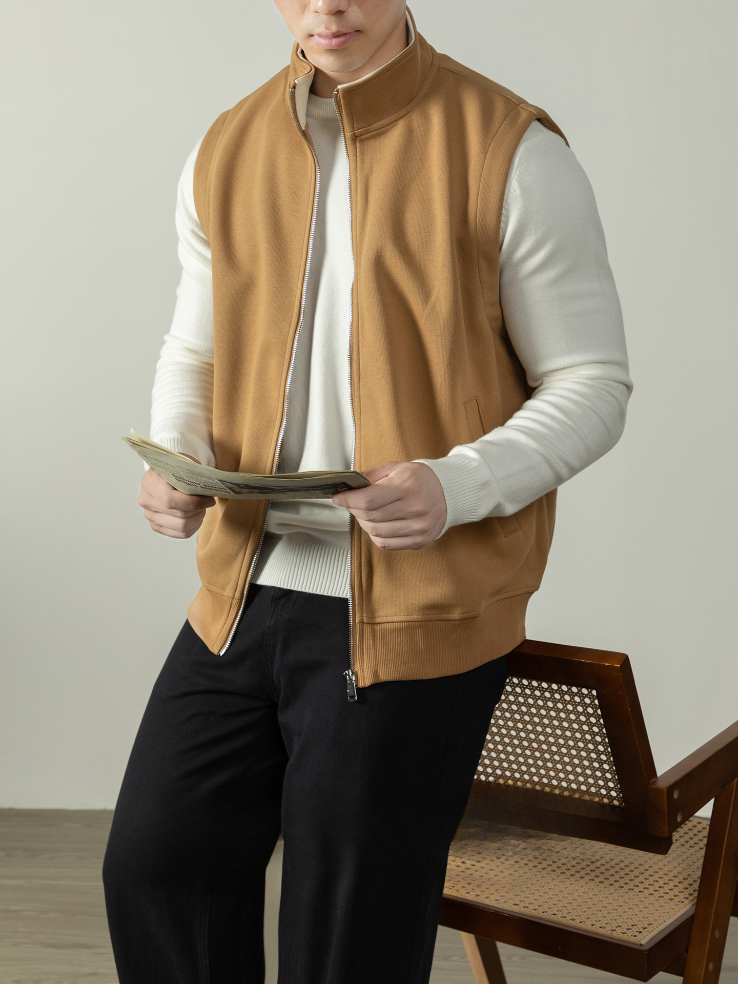 【淺奢老錢風】美式重磅360G棉感馬甲拉鍊外套無袖夾克運動坎肩男