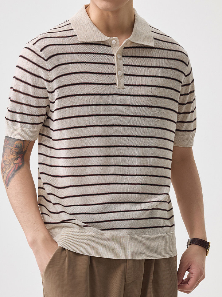 老钱简约风短袖T恤男士针织衫半袖t夏季新款翻领宽松百搭条纹日系