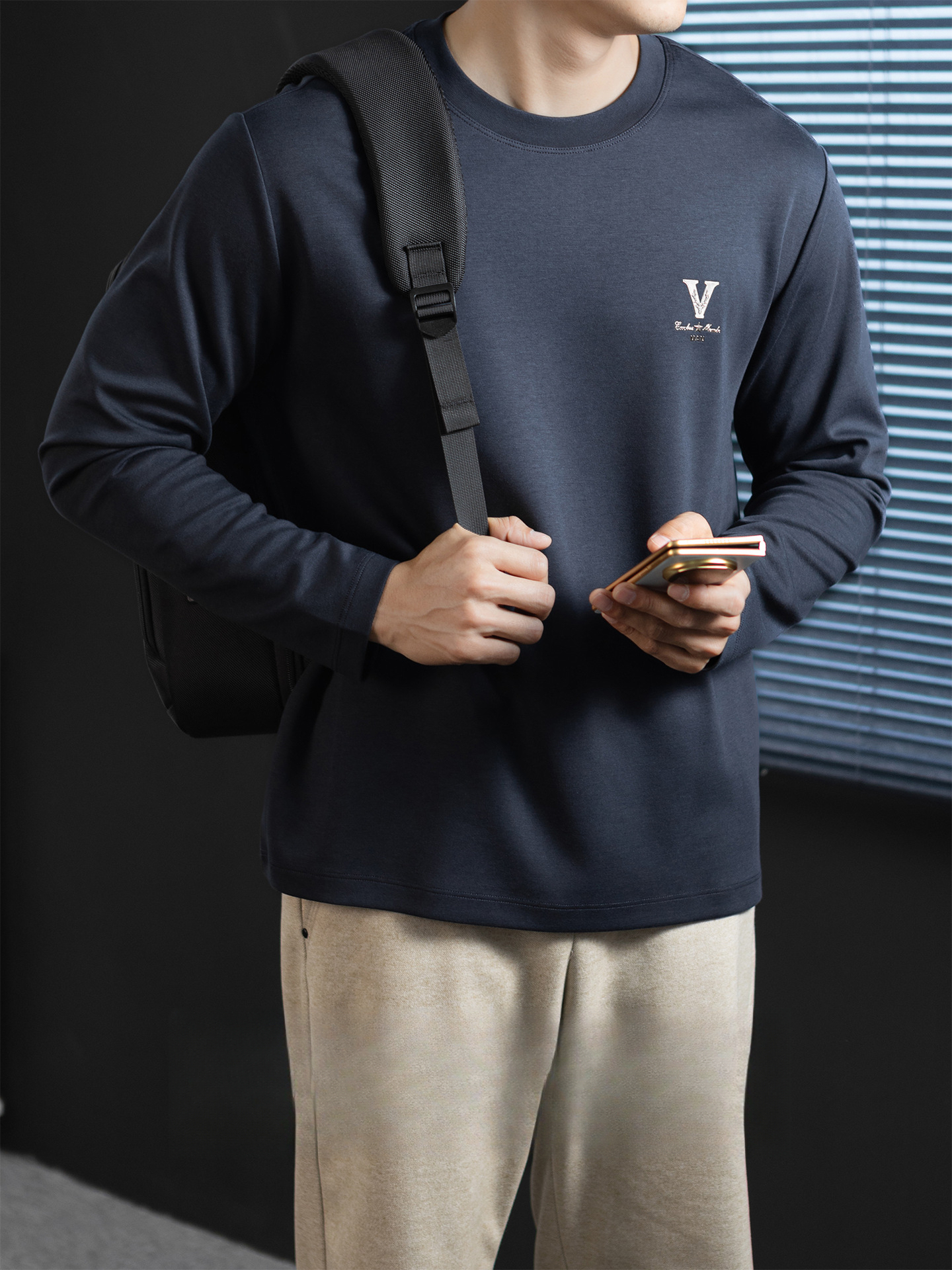 【經典奢華風】雲感莫代爾棉圓領打底T恤男士春秋立體印花高級感