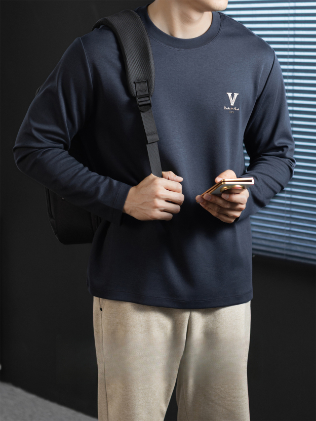 【經典奢華風】雲感莫代爾棉圓領打底T恤男士春秋立體印花高級感