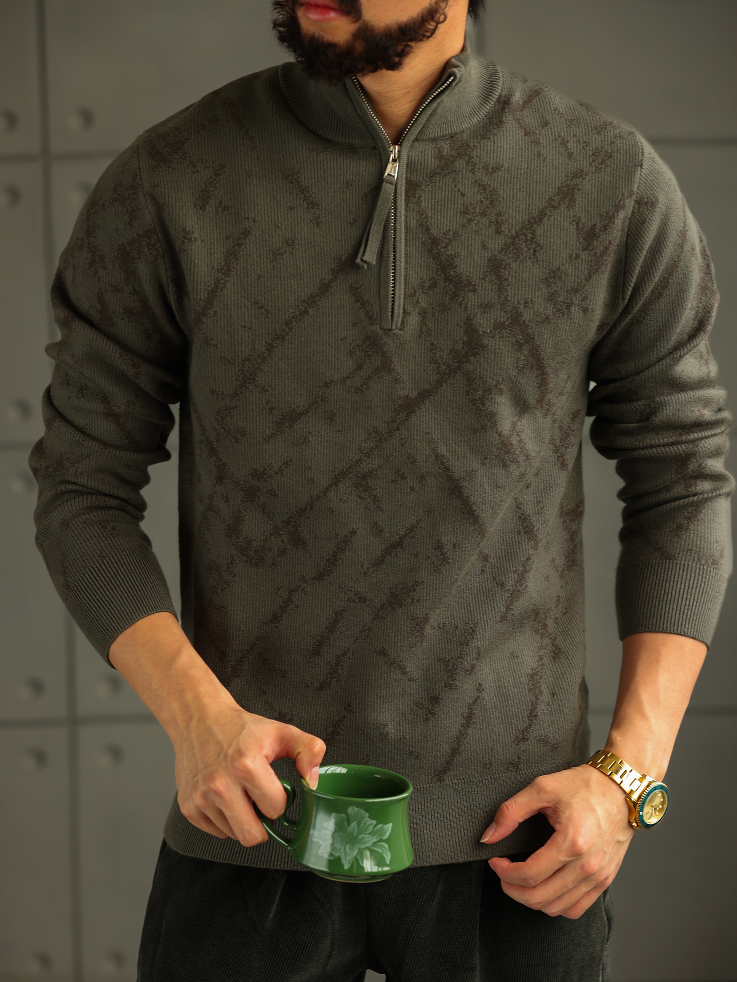 【智感鬆弛】格調花紋半高領針織衫男士拉鍊套頭打底毛衣