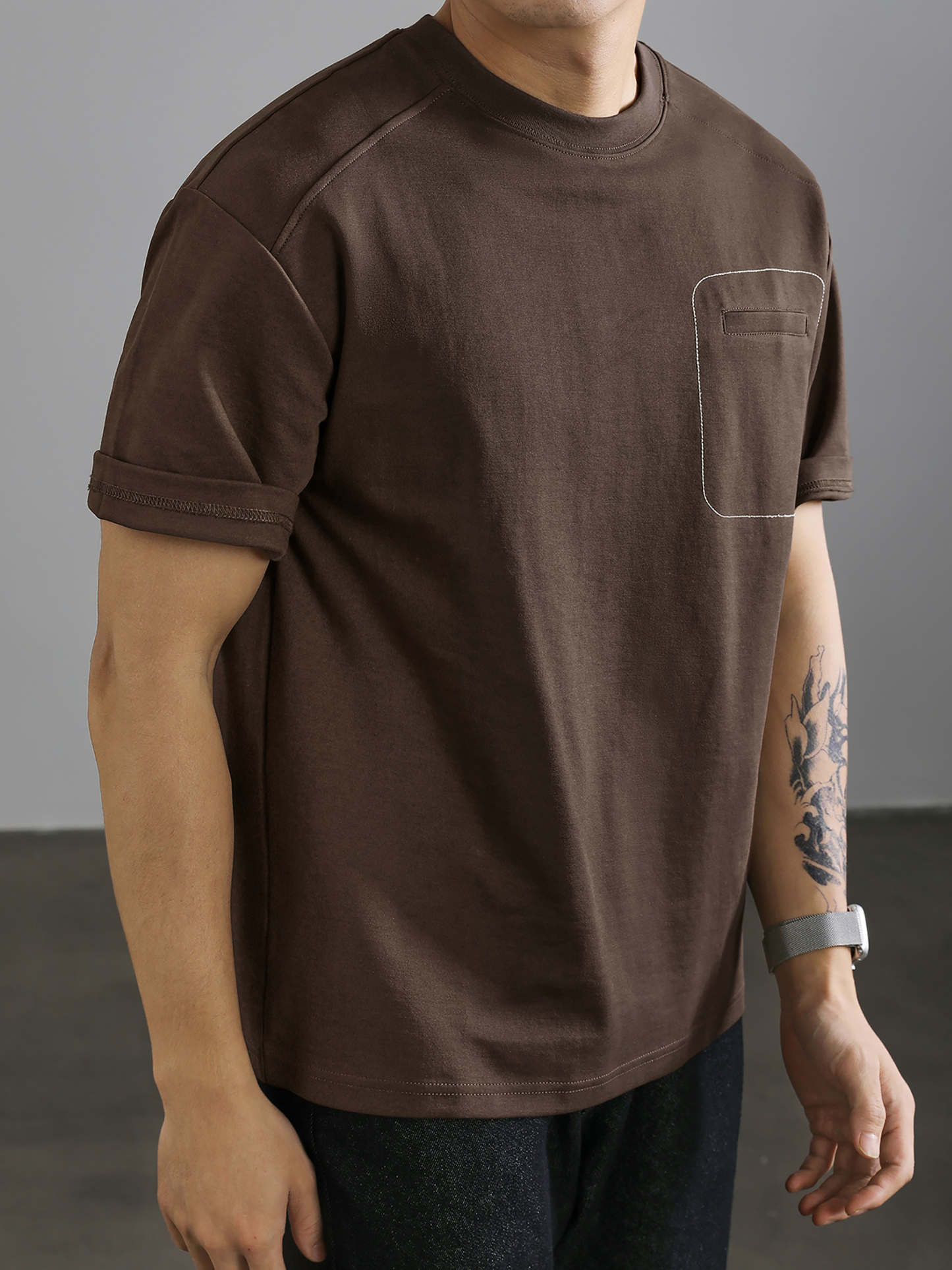 簡約A字刺繡棉質短袖T恤男國潮明線假口袋裝飾百搭圓領體恤