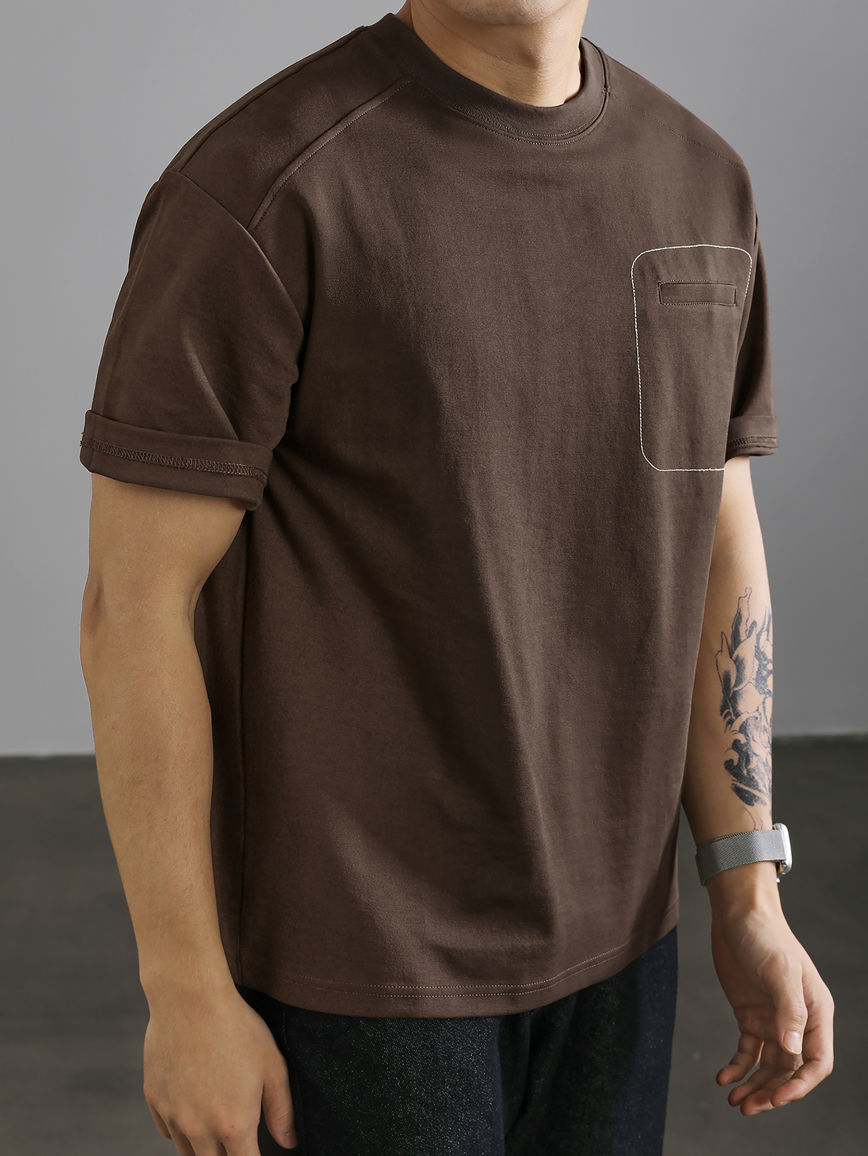 簡約A字刺繡棉質短袖T恤男國潮明線假口袋裝飾百搭圓領體恤